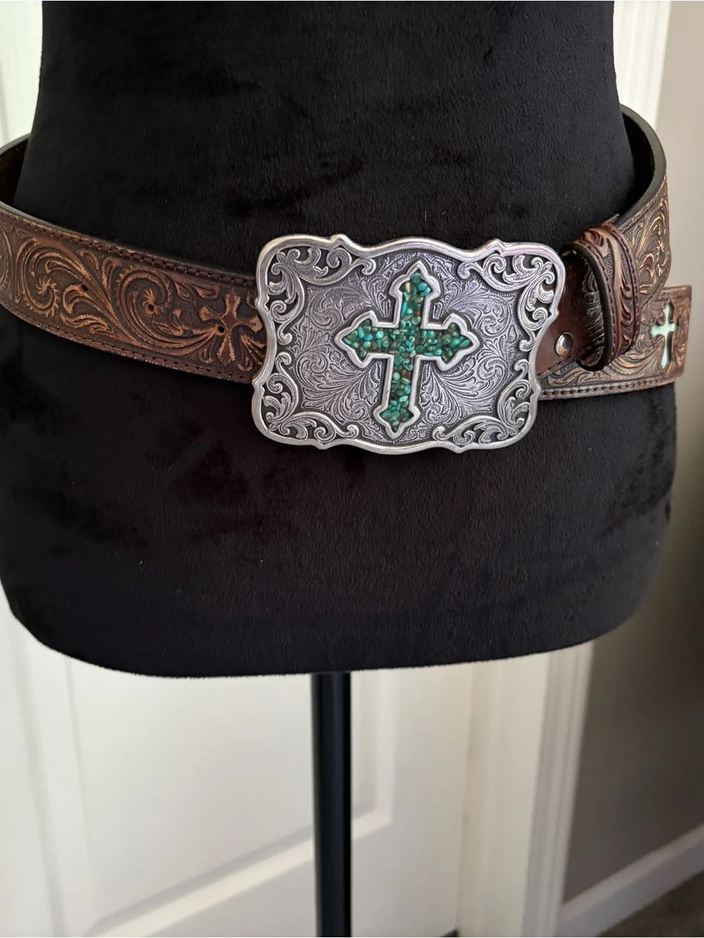Nocona Brown Tooled Leather Belt with Silver-Tone Buckle and Turquoise Cross